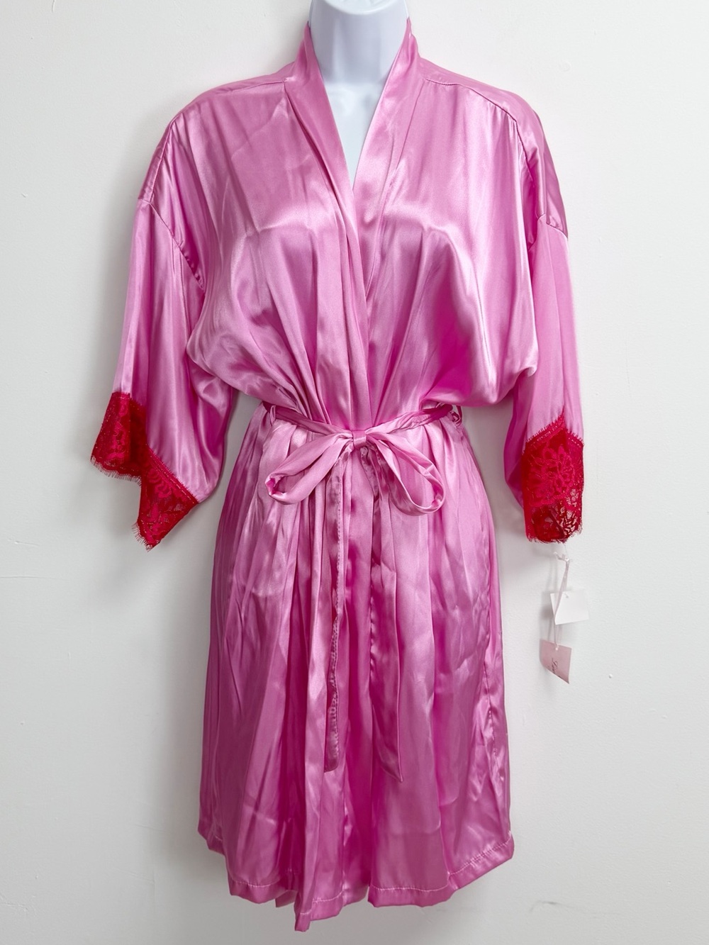 Linea Donatella Robe Womens Large XL Pink Red Silky Style Tie Waist Lace NWT